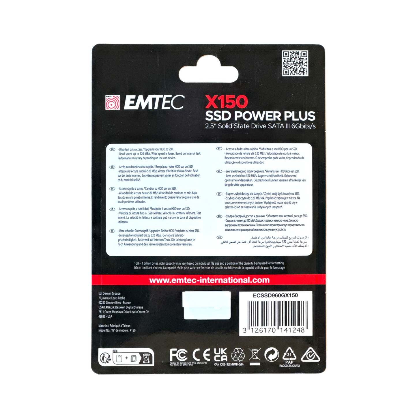 alt="Rückseite der EMTEC X150 SSD Power Plus 960GB-Verpackung mit technischen Daten und Garantieinformationen, 2,5 Zoll SATA III (6Gb/s)"