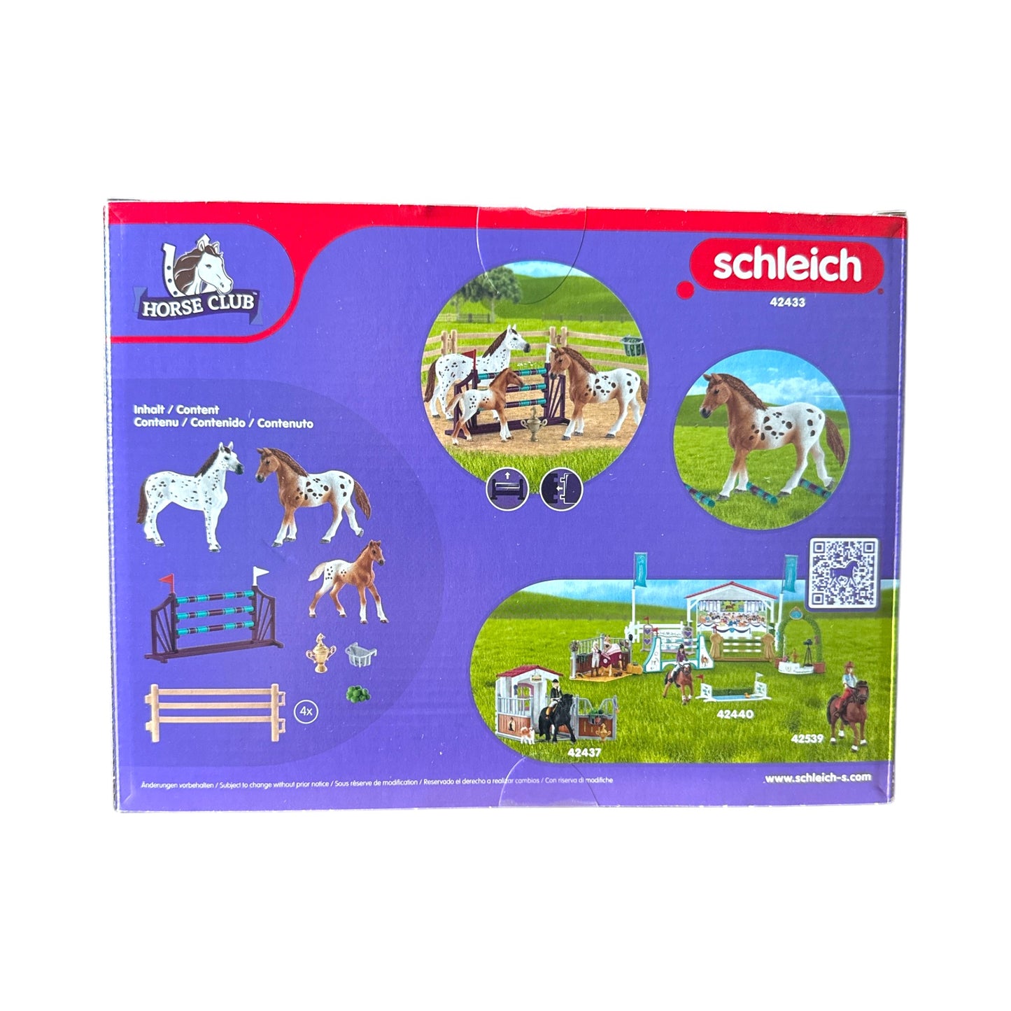 alt="Rückseite der Schleich Horse Club 42433 Lisas Turnier-Training Verpackung mit weiteren Details zum Pferde-Spielset für Kinder von 5 bis 12 Jahren"