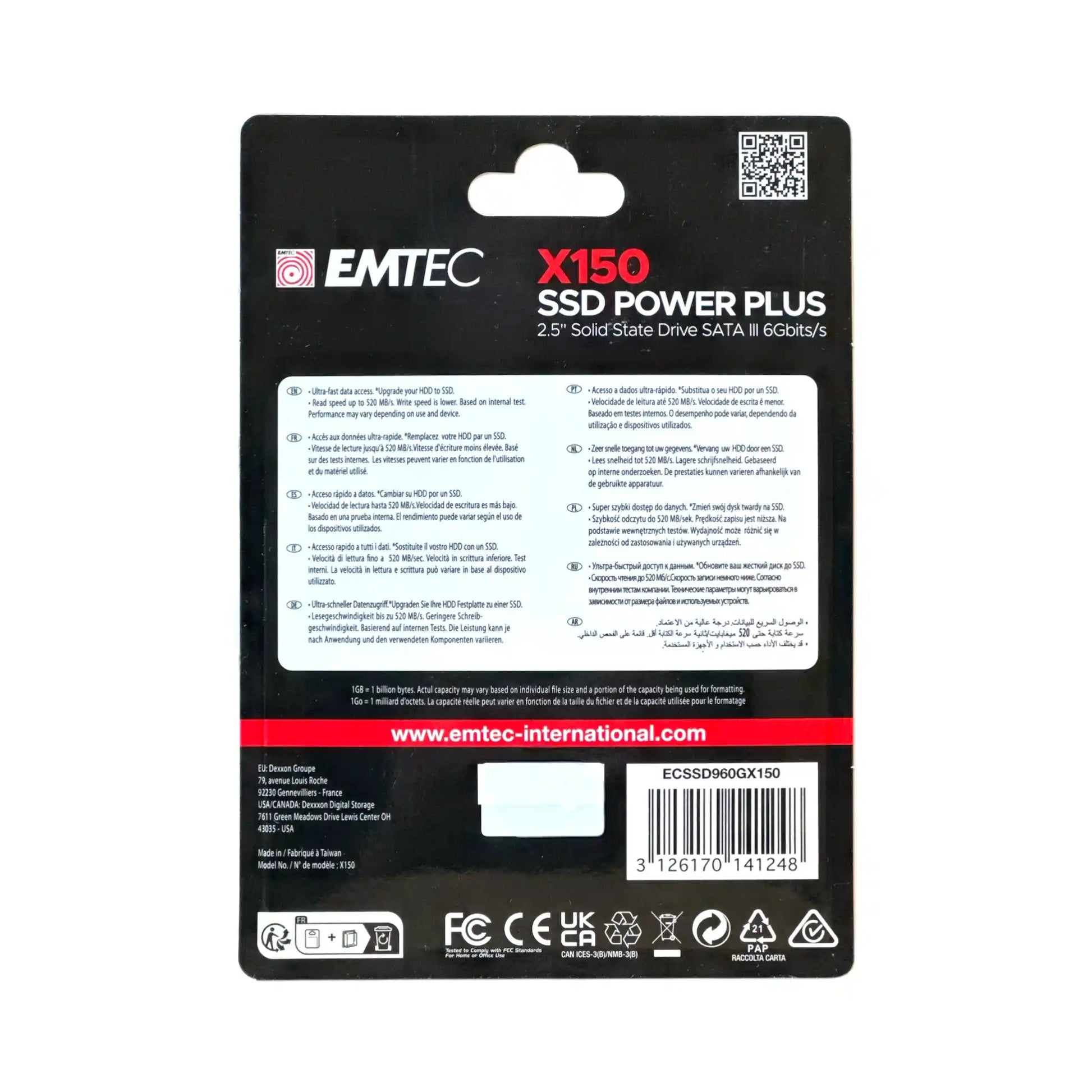Rückseite der EMTEC X150 SSD Power Plus 960GB-Verpackung mit technischen Daten und Garantieinformationen, 2,5 Zoll SATA III (6Gb/s)
