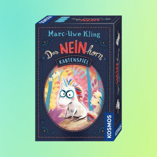 alt="Kosmos Kartenspiel »Das NEINhorn« von Marc-Uwe Kling – Box mit Comic-Einhorn-Illustration auf dunkelblauem Hintergrund"