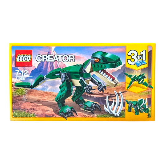 LEGO Creator 31058 3in1 Dinosaurier – Frontansicht der Verpackung mit beweglichem T-Rex, geeignet für Kinder ab 7 Jahren
