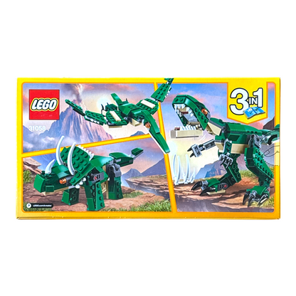 Rückseite der LEGO Creator 31058 3in1 Dinosaurier Verpackung mit Bauoptionen für T-Rex, Triceratops und Flugsaurier
