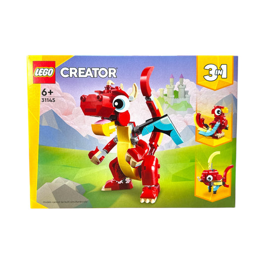 LEGO Creator 3-in-1 Set 31145 Roter Drache – Vorderseite der Verpackung mit Hauptmodell und alternativen Bauideen