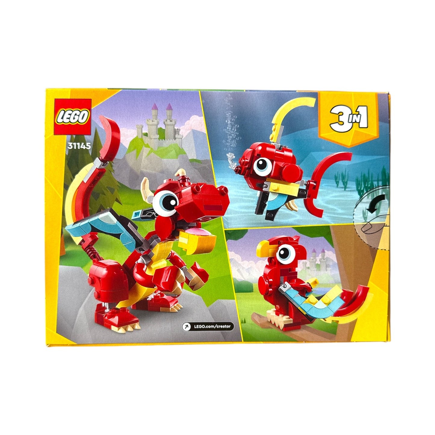 LEGO Creator 3-in-1 Set 31145 Roter Drache – Rückseite der Verpackung mit alternativen Bauvarianten Fisch und Vogel