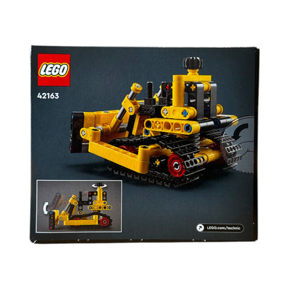 LEGO Technic Set 42163 Schwerlastbulldozer – Rückseite der Verpackung mit Funktionsdarstellung und Detailansicht der möglichen Bewegungen